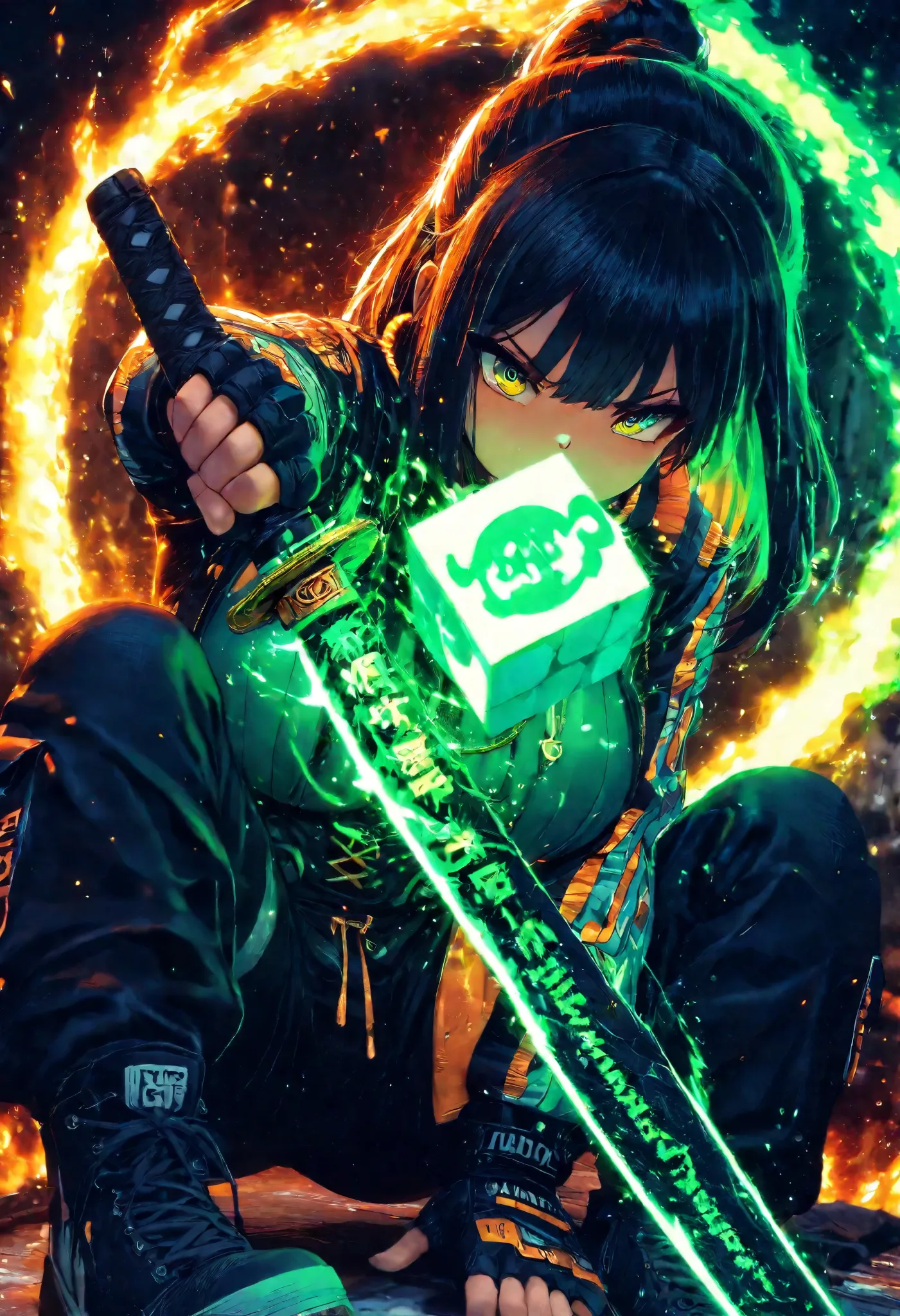  1 beautiful girl ,  sitting atop a giant glowing cube,  wielding katana sword ,  background grafitti ,  intimidating green aura , dynamic,high resolution, looking at viewer, high resolution, masterpiece, Accurate, anatomically correct,  award winning , be...