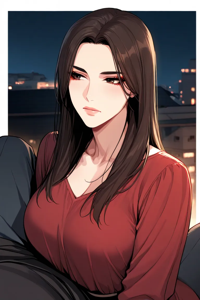 to generate an image of a Manhwa art style, a serious-looking young black woman, Dark brown eyes, bangs above the eyebrows, medium straight hair layered in Marsala red,  wearing a comfortable dress , on top of a building at night leaning against the border...