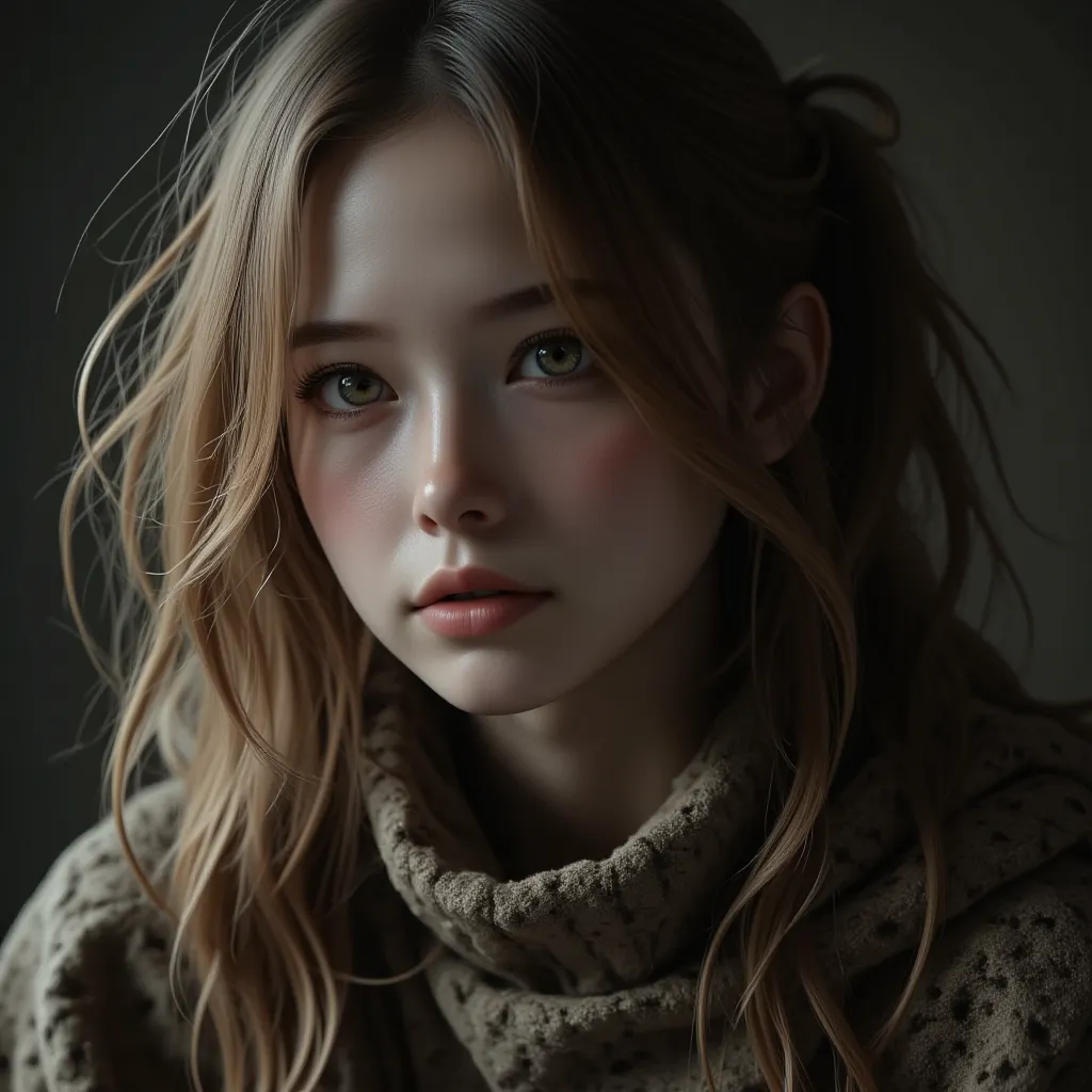 A complex and detailed portrait of a young girl., fantasy character design, Cyberpunk,   dark and gloomy lighting  :1.5, impressive chiaroscuro lighting, film composition , styled by Ashley Wood,  grunge sand texture , sharp focus,  in detail, 8 k, (best q...