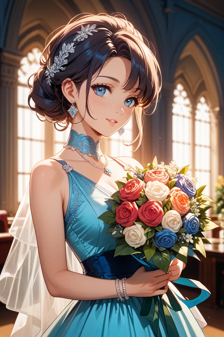 A girl in a blue prom dress is holding a bouquet