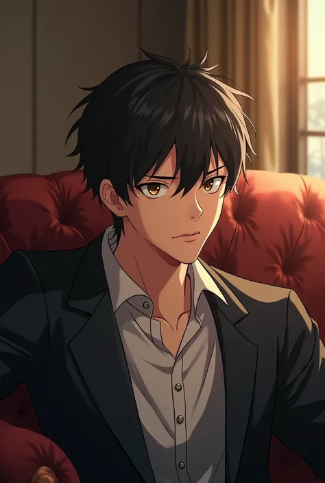 Anime male,Black hair, brown eyes, sitting on a couch 