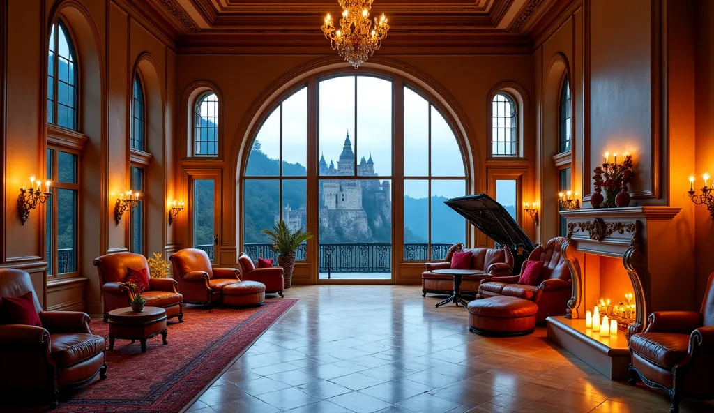 Visão panoramic de uma grande sala, spacious and cozy room of a very beautiful mansion, with stairs, fireplace, candles and with huge rounded windows, or with very high ceilings, 3 floors, panoramic, relaxing, with a view of a beautiful castle in the dista...