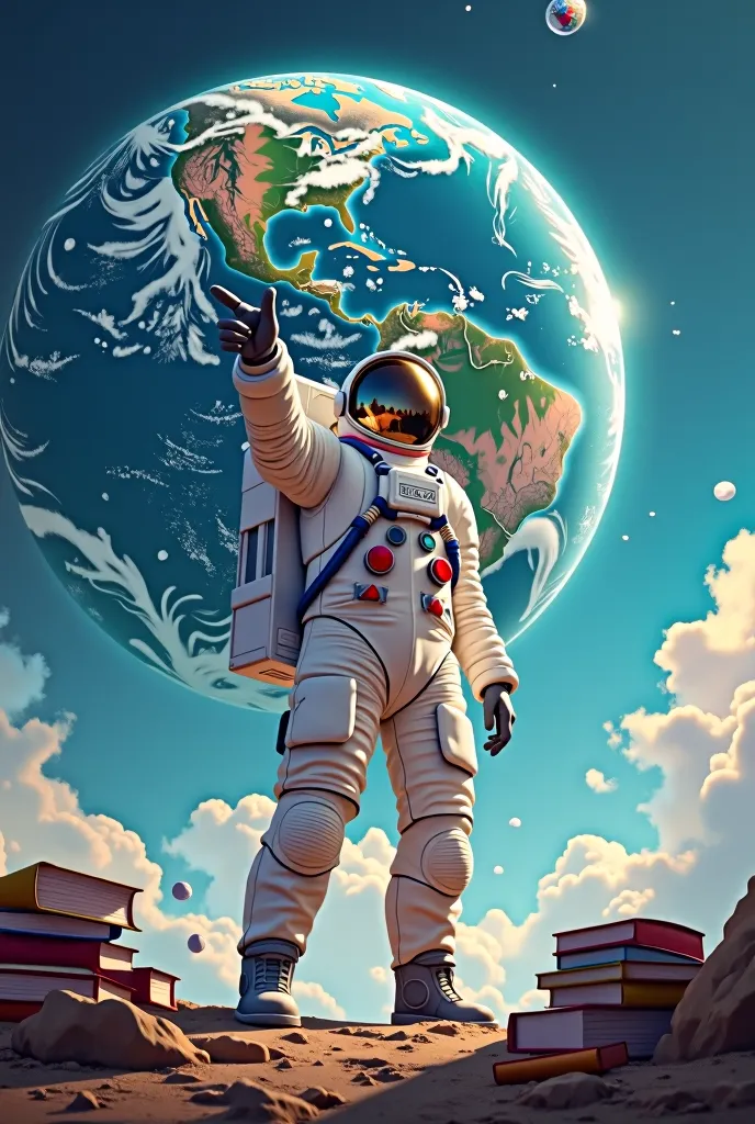 
astronaut standing pointing, with the image of the world in the background highlighting the map of Venezuela. books at your feet