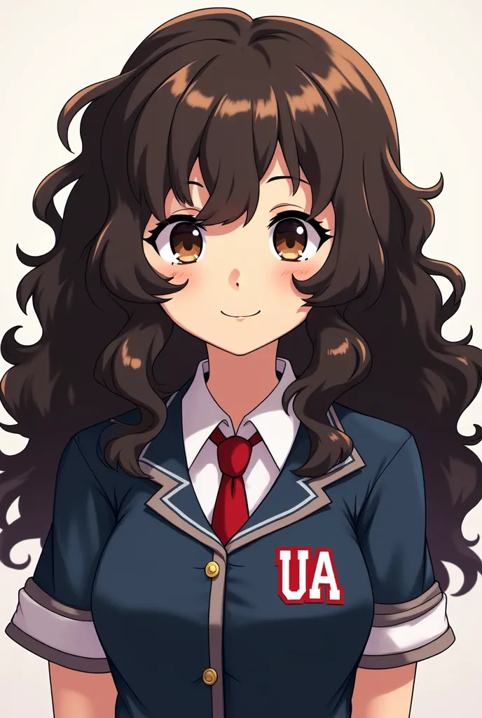 My Hero Academia manga style template. Girl with long hair up to the middle of her shoulders, curly, and with curly bangs, dark brown in color. Dark brown eyes. Wear the UA uniform. She has a calm expression while smiling