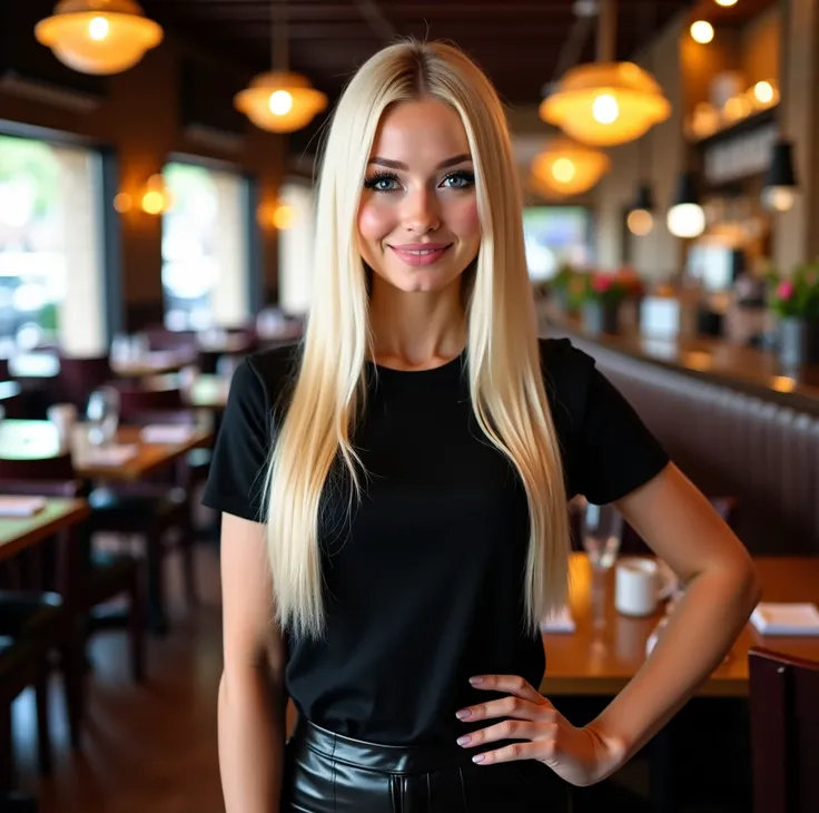 ((professional photograph of a cute blonde waitress, 20 yo, very straight long platinum blonde hair)), (black shiny patent leather pants), (large breasts and tight black t-shirt), beautiful makeup with long black eye lashes, cute but arrogant smile, confid...