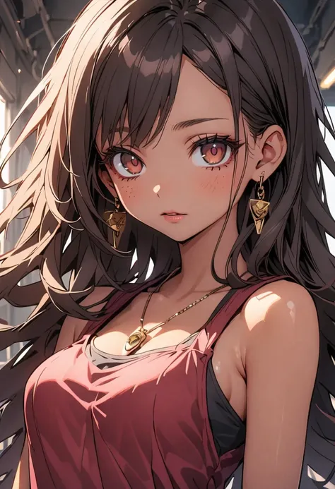 1girl, big doe brown eyes, black hair, long hair, skinny waist, medium breasts, tan skin, brown skin, a gold pendant, young, freckles, rosy lips, pretty eyelashes, calm, dark red tank top, white lace, denim shorts, black dilated pupils, big black pupils, d...