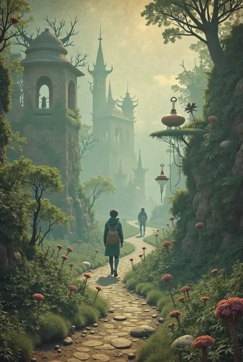 A person walking on a pathway fantasy world low quality, old image