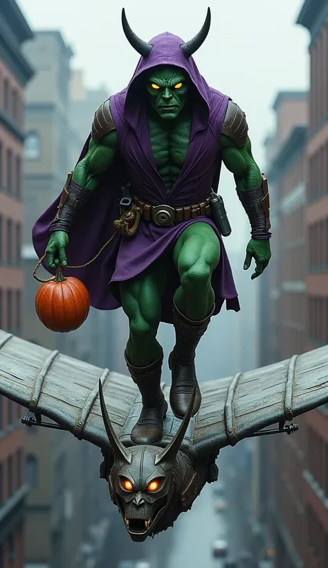 It illustrates the Green Goblin, the iconic enemy of Spider-Man, in high resolution and anatomically correct shape. The character wears a cloth suit in shades of purple and green, with completely green arms and legs. He wears a green mask with yellow eyes ...