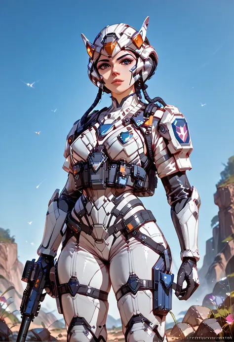 exoskeloton body armor with helmet, white platinum shining, biotic super HD , organic material, Voltron Legendary Defender,     holding assault rifle, anime, tactical armor,  Tactical military helmet,    , girl   