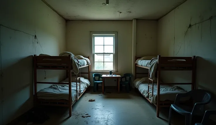 **Prompt for Image Generation:**  

A small, simple room in a homeless shelter with bare walls and minimal furnishings. The room has a few worn-out bunk beds with thin blankets, a couple of plastic chairs, and a small table with some scattered items. The l...