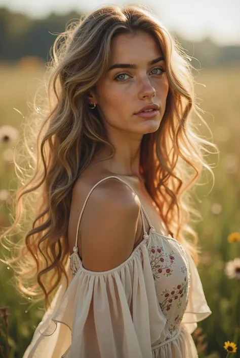 Beautiful girl with long and wavy blonde brunette hair, bohemian dress,  lighter skin, subtle blue eyes, posing for photos of model