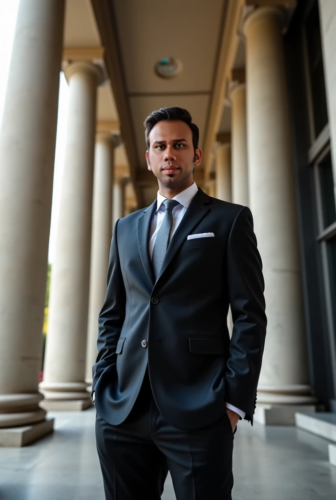 Imagine a confident man in a custom-tailored suit, captured in a sleek, modern portrait. He stands against an urban backdrop—perhaps in supreme court of India — where dramatic lighting casts striking shadows that accentuate the sharp lines of his suit. His...