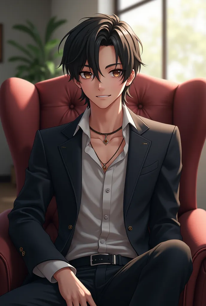 Handsome anime male,black hair,brown eyes, wearing a jacket sitting on a chair 