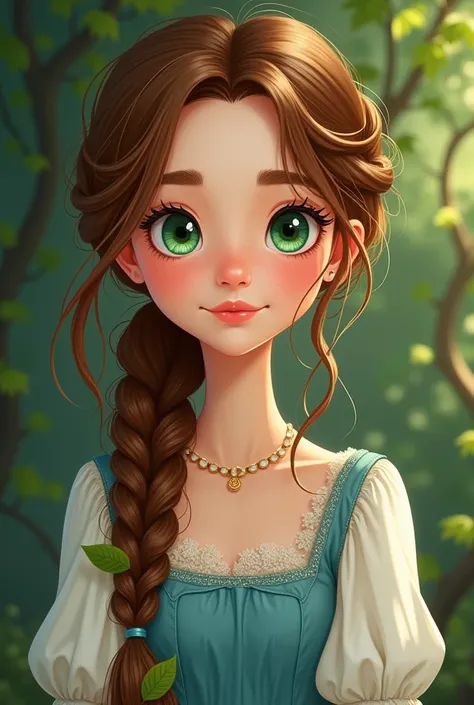 create a pale face girl with six freckles, emerald eyes,  brown hair, small nose and thin lips. let the hair be braided in a . Let her outfit look like the Middle Ages in Europe, the dance will be soft blue, it will be decorated with green leaves that will...