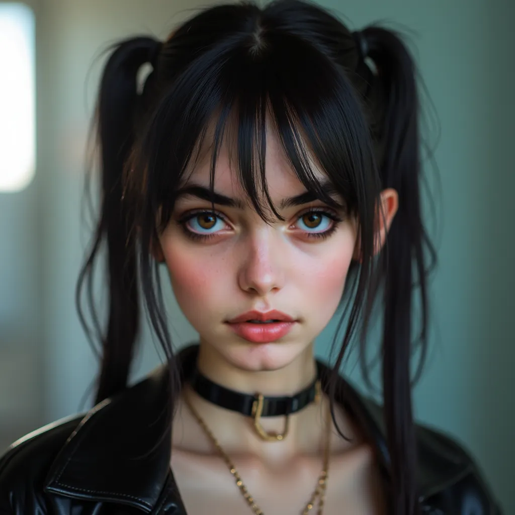 1 girl, sexy 18 year old girl , pigtails, beautiful face, gorgeous, beautiful, beautiful, beautiful face, pale skin, parts, black hair, Blue eyes, full and shiny lips, big lips, thick lips, half-open lips , light pink lip gloss , mask, skinny thighs, petit...