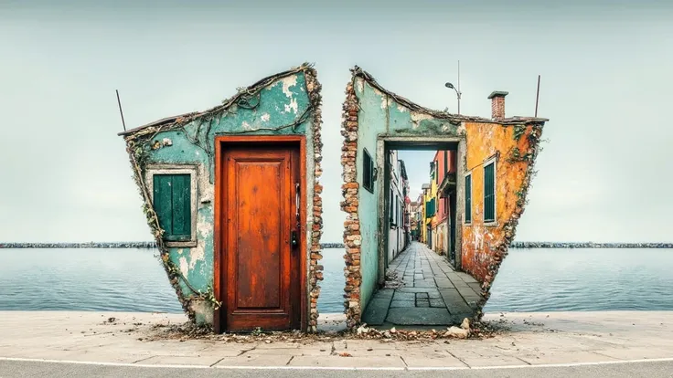 





Create a surreal landscape featuring a split building that merges two worlds: one side shows a weathered, abandoned structure with a wooden door and peeling paint, while the other reveals a vibrant, bustling street lined with colorful houses and a se...