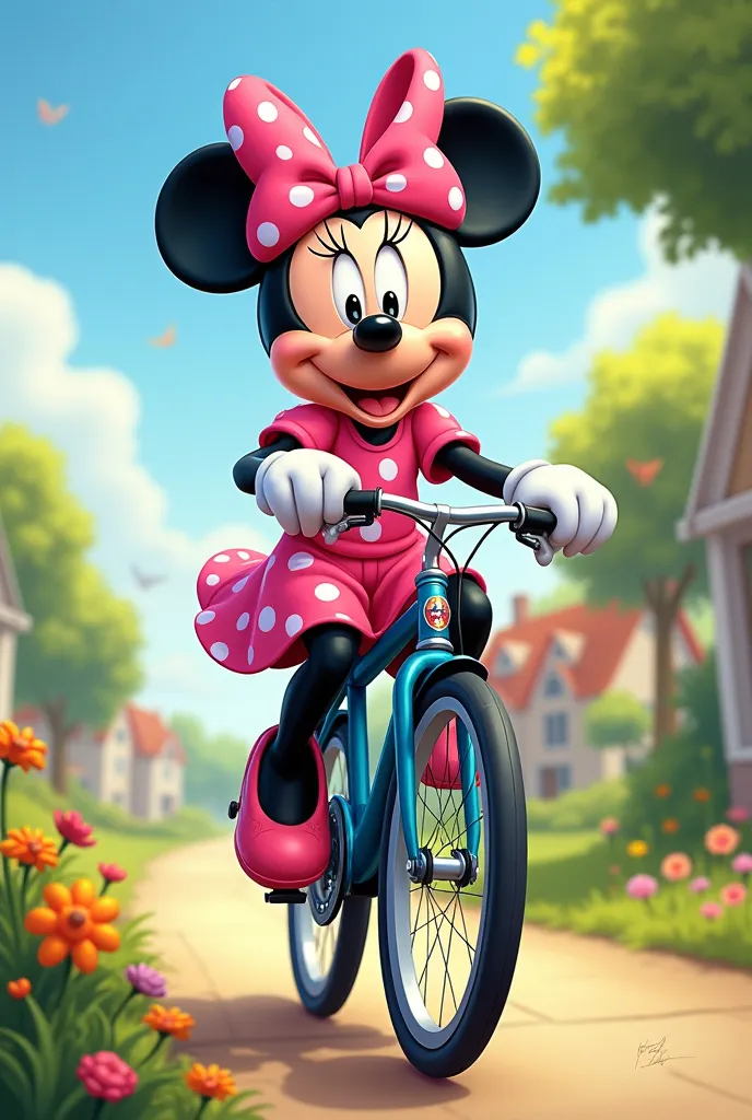 Make a cartoon image of Minnie riding a bike very cheerful and wearing a pink dress