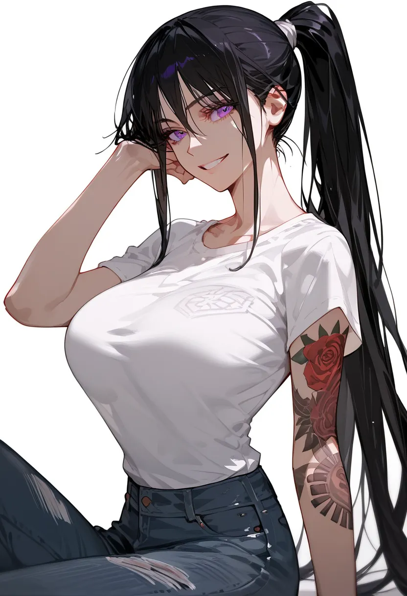  black hair, long hair, in purple eyes,Very long-sleeved prisoner shirt without hands,Teared smile , full arm tattoo ,Murderer, assassin ,big breasts, ponytail,white background,sit, Jeans 