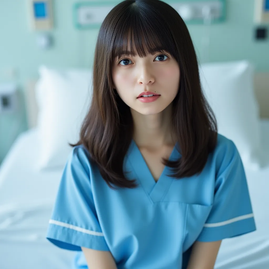 The picture is a full-body portrait of a young woman,  Her hair is straight , Half length hair with bangs . She's wearing a nurse uniform , Direct View Camera ,Open mouth. Sitting on the hospital bed ,  background blur, All the focus is on the woman's face...