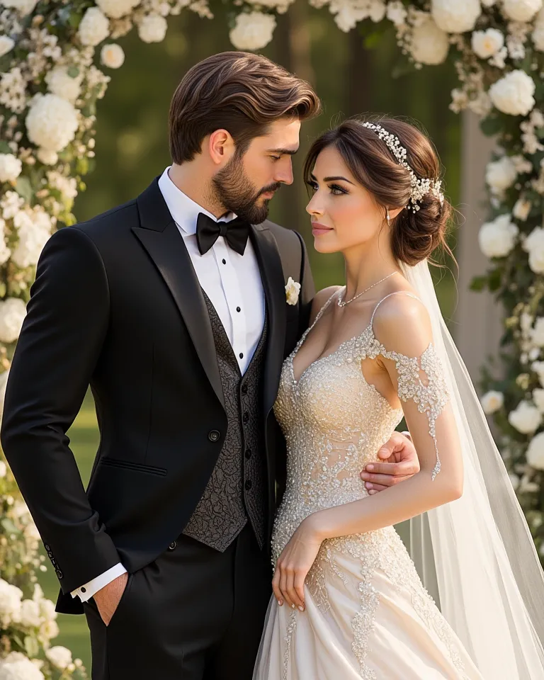   A stunning outdoor wedding portrait of a handsome and tall groom with a muscular build,  Chiseled Jaw, light beard, penetrating hazel green eyes and light brown and wavy hair. She wears an elegant fitted haute couture black tuxedo that enhances her muscu...