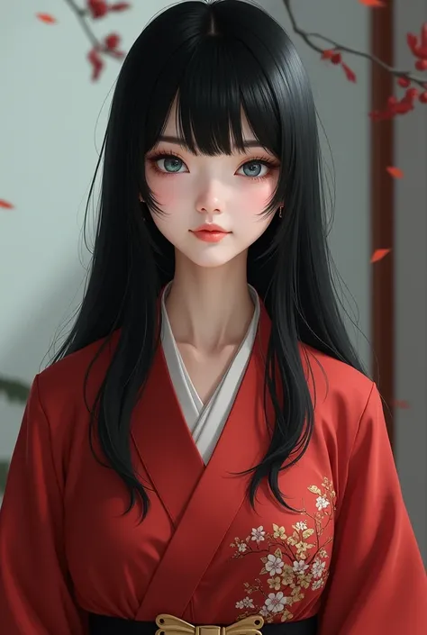 Make a girl with straight long black hair with a fringe, wearing a red kimono with blue eyes