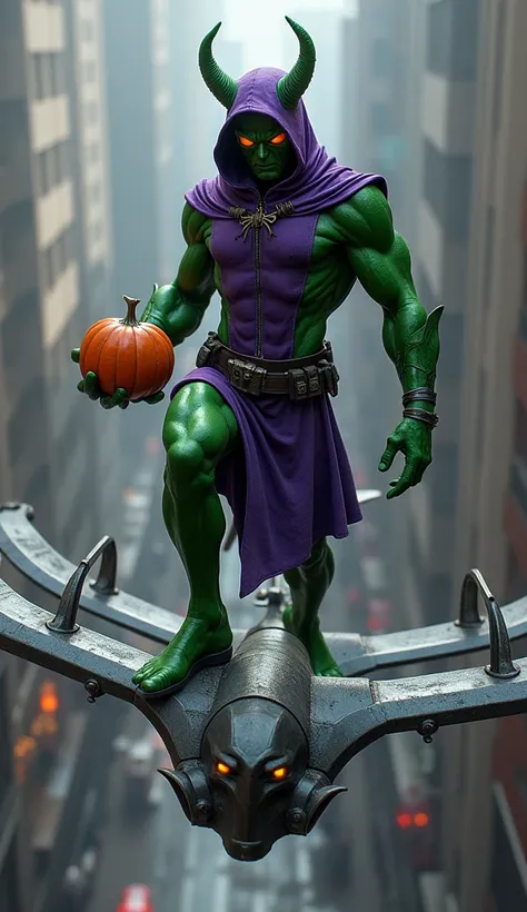 It illustrates the Green Goblin, the iconic enemy of Spider-Man, in high resolution and anatomically correct shape. The character wears a cloth suit in shades of purple and green, with completely green arms and legs. He wears a green mask with yellow eyes ...