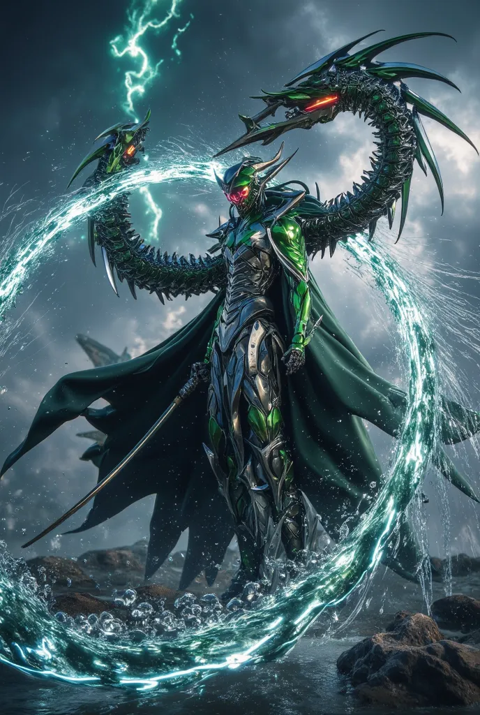 (masterpiece:1.2), Best Quality, Hi-Res,   Unity 8K Wallpaper, beautiful detail,  ray tracing , perfect lighting, backlight audience,Bold composition 、thunder and lightning　The Green Dragon Knight　Thunderbolt　Water Magic　Big Water Discharge　Countless LED l...