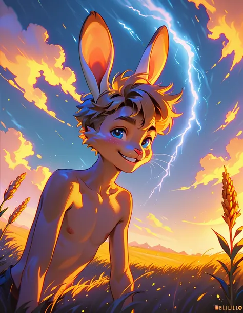 a fantastic skinny boy with a white rabbit with blue eyes, with a sweet expression, the boy is completely naked and showing his hairless small penis while he is lying on the country wheat field near a farm, while a golden sunset over the flowers hill durin...