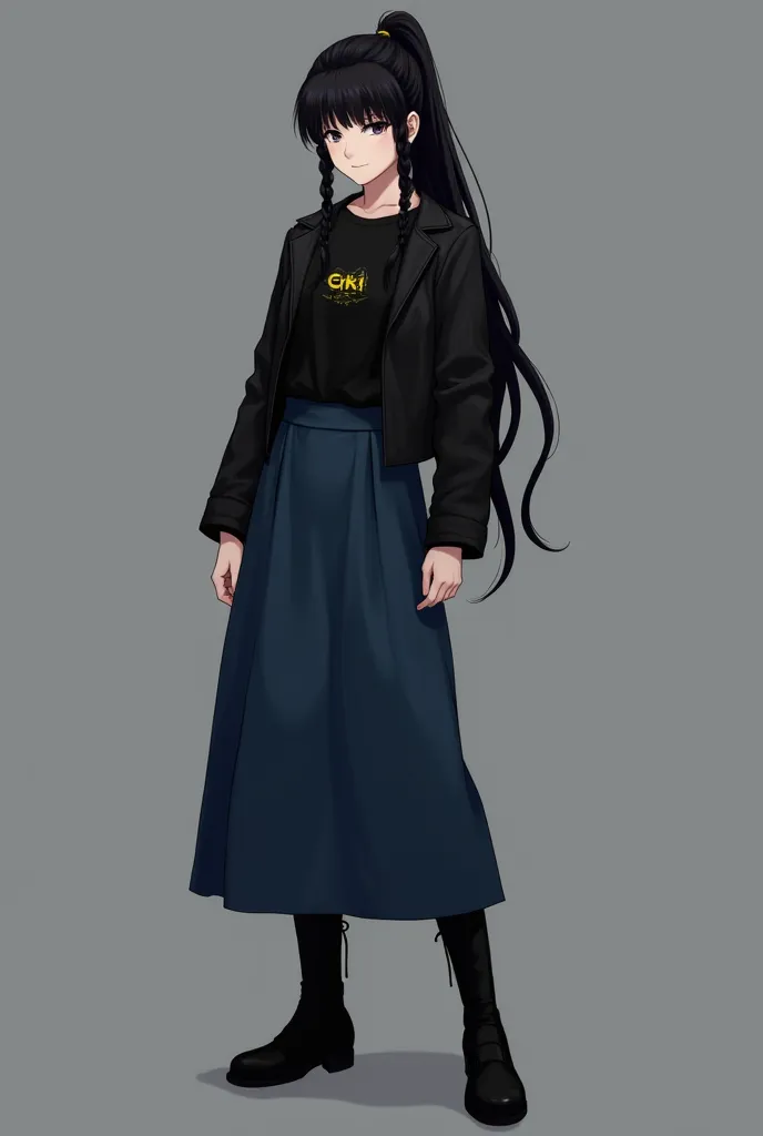 Look: black knee-high boot, long plain blue skirt, Basic black blouse, black rocker style jacket, Black ponytail hair with side braids and with makeup where the eyes have a black shadow, Please