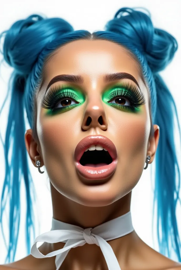 incredibly long and voluminous eyelash extensions, bright green shadows, golden lips,  crazy facial expression,  Wide mouth, disheveled blue hair, folded into two long bundles, diamond earrings, white ribbon around the neck, thin blouse, white background a...