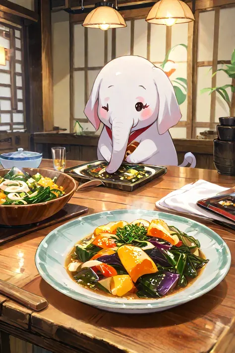 "The white elephant proudly stands next to a small white plate filled with beautifully cooked vegetables. It holds a tiny wooden spoon and smiles as it presents the dish. The warm kitchen lighting makes the meal look delicious, and the background has a rus...