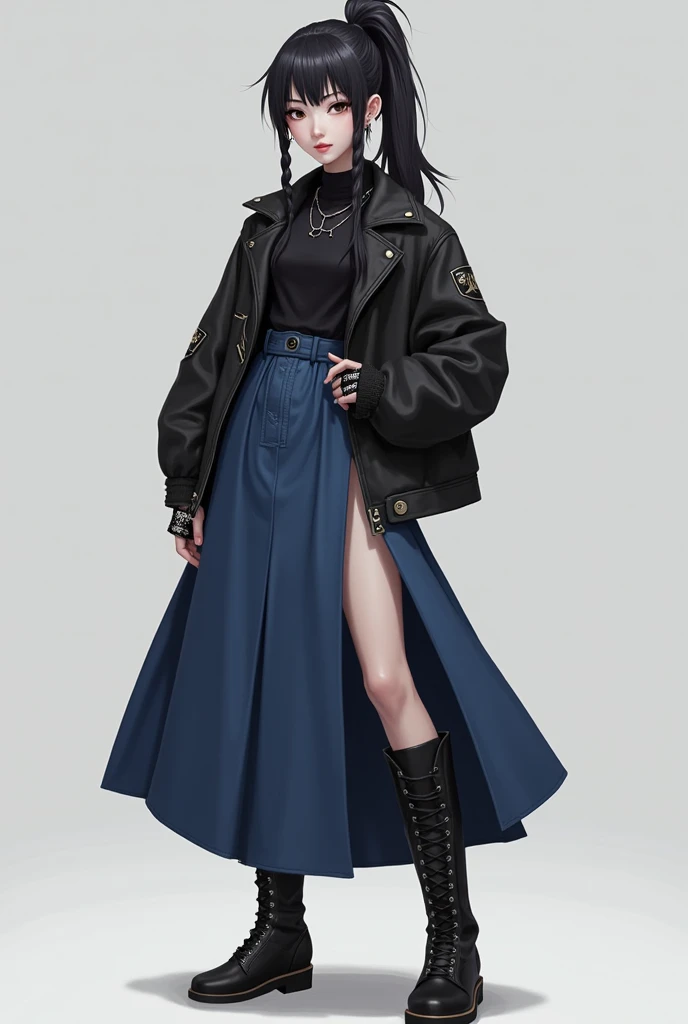 Look: black knee-high heel boot, long round blue skirt, Basic black blouse, black rocker style jacket, Black ponytail hair with side braids and with makeup where the eyes have a black shadow, Please