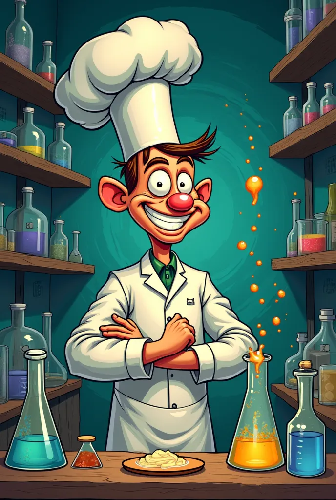 Cartoon baker cooking cocaine in a laboratory 