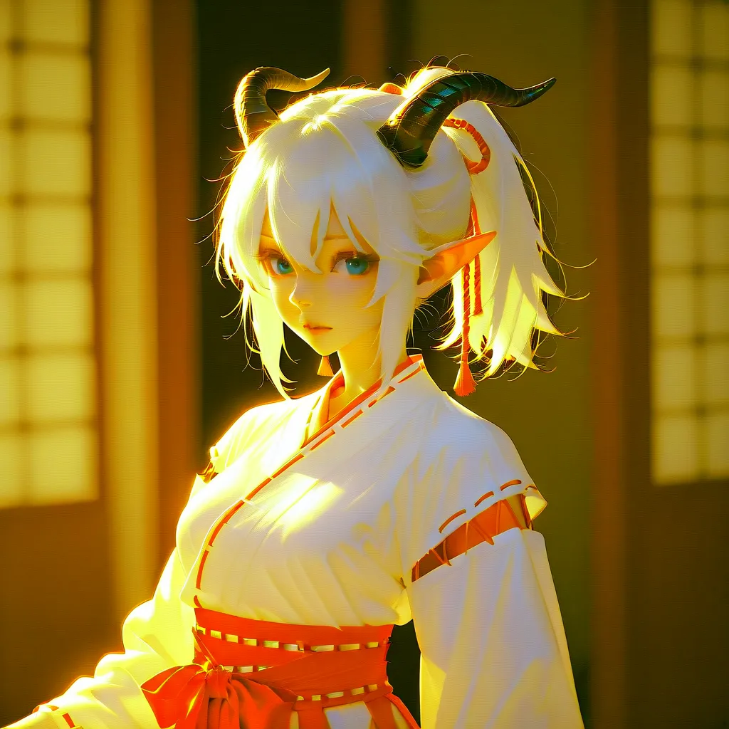 (best quality),(high resolution),Dragon's Eye ,1girl, short hair, blue eyes, hair between eyes, medium breasts, ponytail, white hair, black horns, pointy ears, goat horns, double pigtail, solo,snake eye,miko outfit