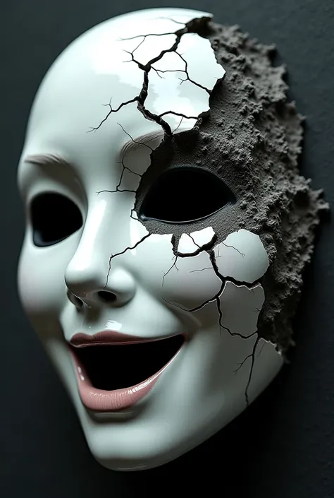 A cracked half porcelain mask with painted smile. The big cracks reveal a dark chaotic and stressful background underneath.