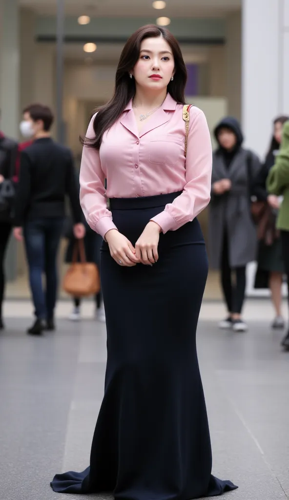  an office lady, standing in front of the office,  using a pink satin formal shirt, use long skirt to toe fishtail model in black, big breasts