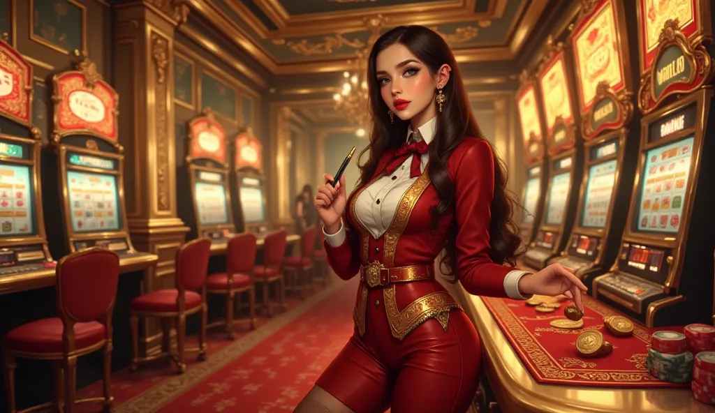 A stunning and elegant female casino dealer, dressed in a glamorous red and gold outfit, positioned on the far left side of the image. She holds an A4 paper document and a sleek pen, symbolizing registration, while giving a charming, inviting gaze toward t...