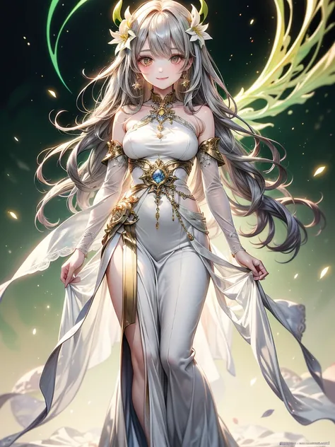 elegant pastel green and white long dress,standing,Character sheet,art by Cornflower,(masterpiece),(Best Quality:1.2),(perfect anatomy),( female 1:1.2),Beautifully detailed golden eyes , Silver Hair,long hair,( high-definition and elegant ),  magical color...