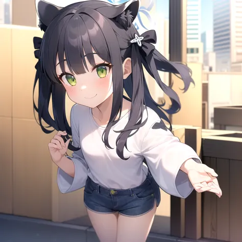 1girl, solo, (masterpiece, best quality), outdoors, street, shun, green eyes, black hair, bangs, twintails, hair bow, hair ornament, animal ears, halo, flat chest, denim shorts, shorts rolled up, white shirt, wide sleeves