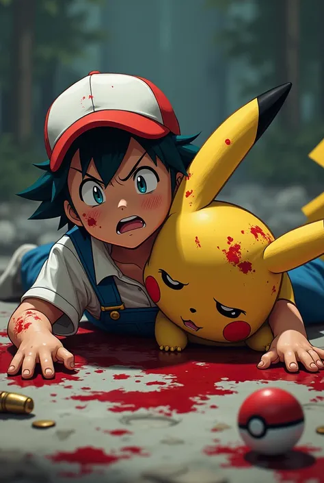 Ash Ketchum overalls shot death blood bleeding bullet holes Pikachu Pokemon style