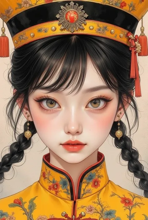  cute  girl ,  Qing dynasty official uniform ,Single claw , red spell on yellow bill,FEMININE GOTHIC AESTHETICS  , Close up details, Detail shot,  clear details,  ARTY LOVE BLOW STYLE , Silkscreen Art,  close-up pictures , EXTRA FINE INK DETAILS ,  SILKSCR...