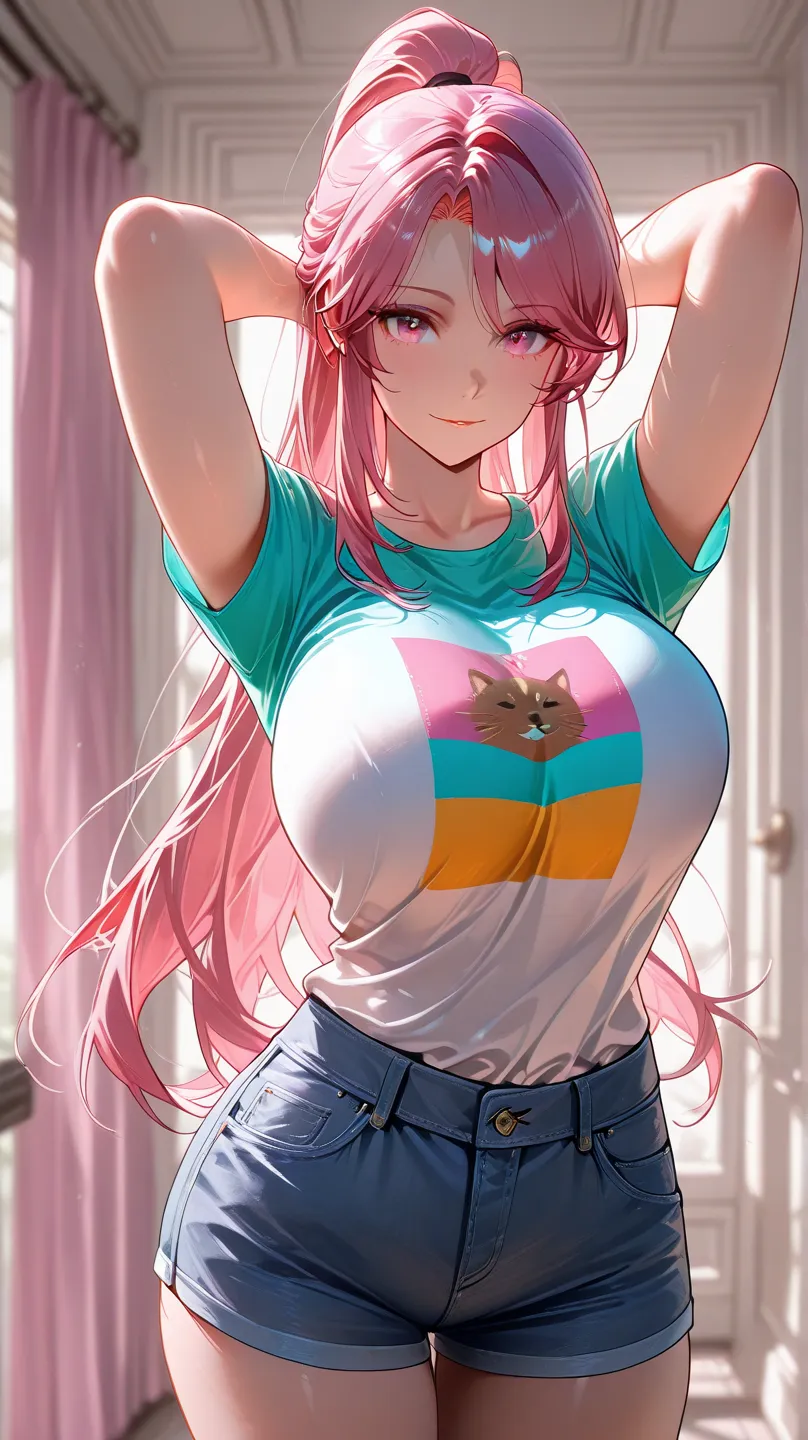 masterpiece, extremely detailed,4k,solo,1girl,adult ,((fullbody)), xianyun,arms behind head,,slim body, sexy legs,perfect body,perfect skin texture,large breasts,housewife, jeans short pants, multicolor tshirt,pink niplples, soft light, high detailed, best...