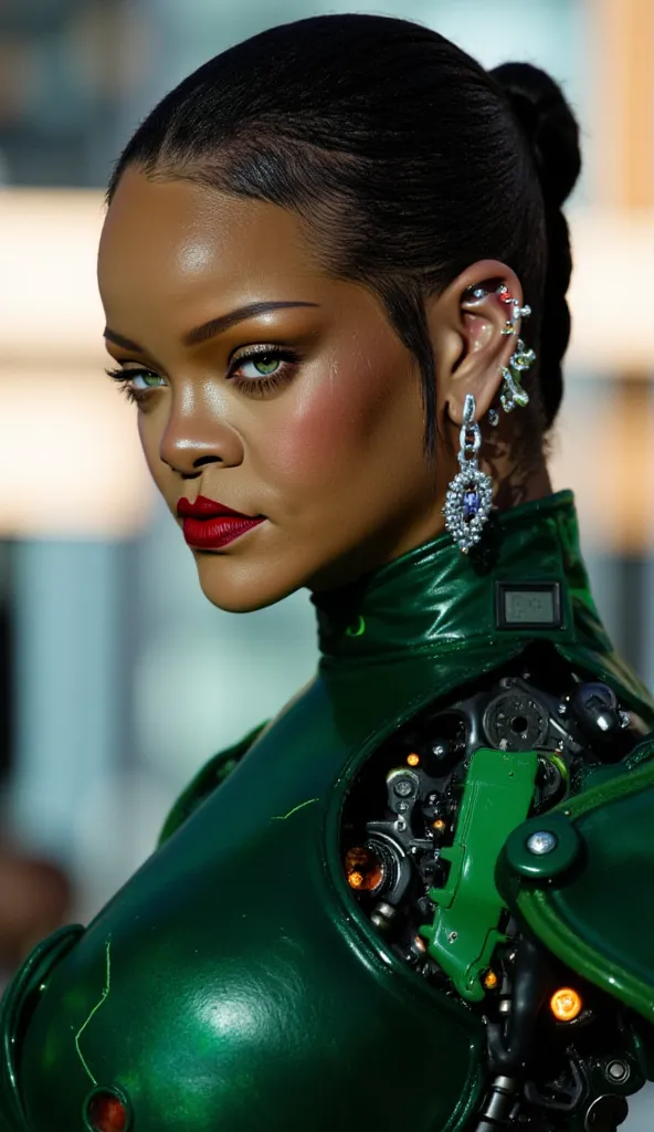 (best quality, 128k,highres,masterpiece:1.2),ultra-detailed,(realistic,photorealistic,photo-realistic:1.37), ((masterpiece)) ((photography)) ((Highest quality)) 
A futuristic Rihanna, a cybernetic Bkack woman with a blend of human and robotic features. She...