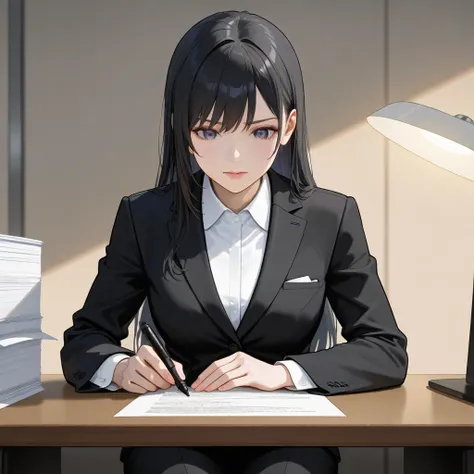 girl,  company, secretary,  suit, office,  office, document,  chic, black hair