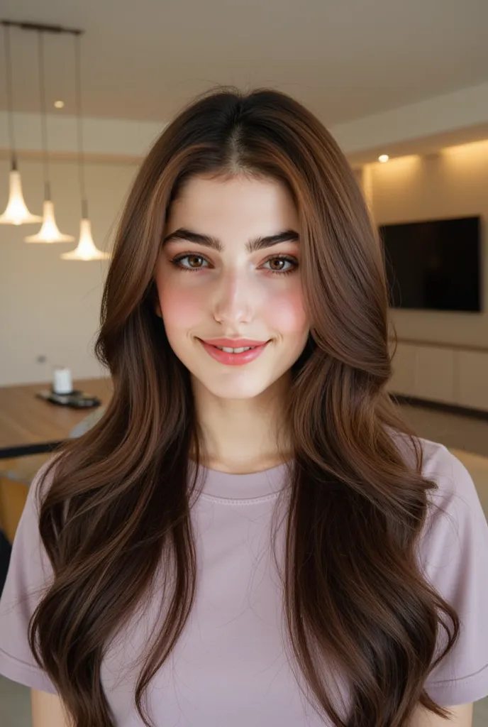 phone photo of a young woman with long, wavy brown hair and striking brown eyes smiles brightly. She is indoors, in a well-lit space featuring modern decor, including pendant lights and a large television in the background. The walls are painted in neutral...