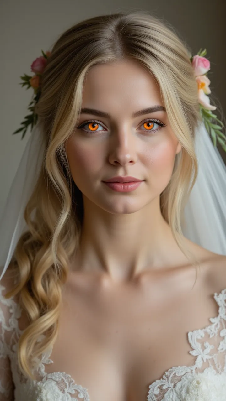 Femme blonde, yeux orange, jeune mariée 