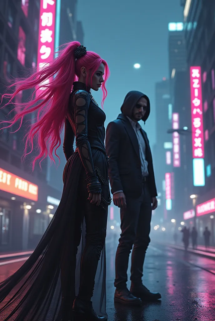 woman with long pink hair in John Wick, a man without a cyberpunk mask stands on a full-length road at night
