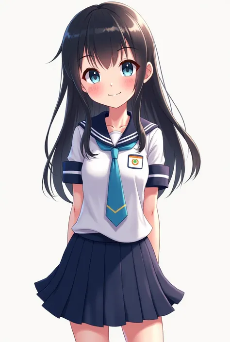 A female animator character, she has blue eyes and black hair too, she has bangs and is very smiling, She has a high school uniform, She is a high school student and quite tall but not too tall