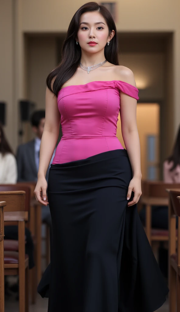 a female teacher , standing in front of the classroom, using pink satin material formal shirt, use long skirt to toe fishtail model in black, big breasts,  ideal body shape