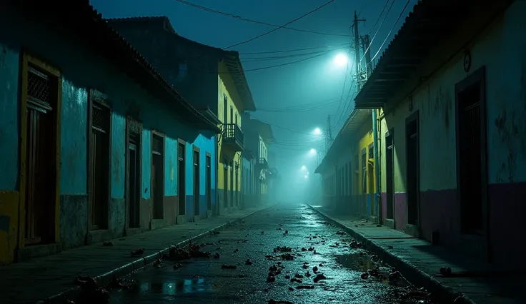 A dark and eerie scene unfolds on a deserted cobblestone street in Recife, still echoing with the remnants of Carnival’s fading energy. The setting is in the heart of Recife Antigo, where the old colonial architecture looms over the empty streets, its colo...